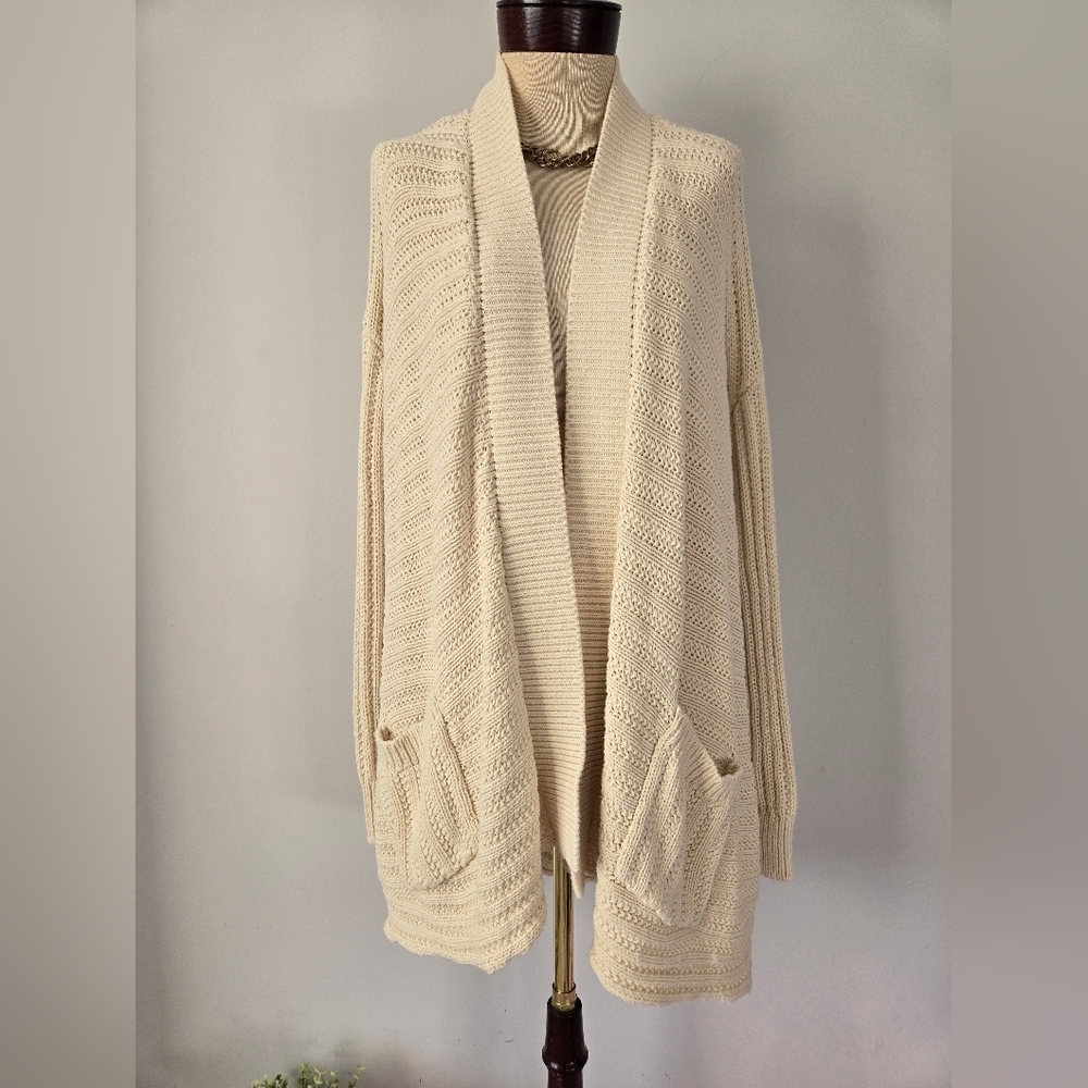 RALPH LAUREN Cream Cotton Knit Oversized Open-Front Cardigan. Size Small